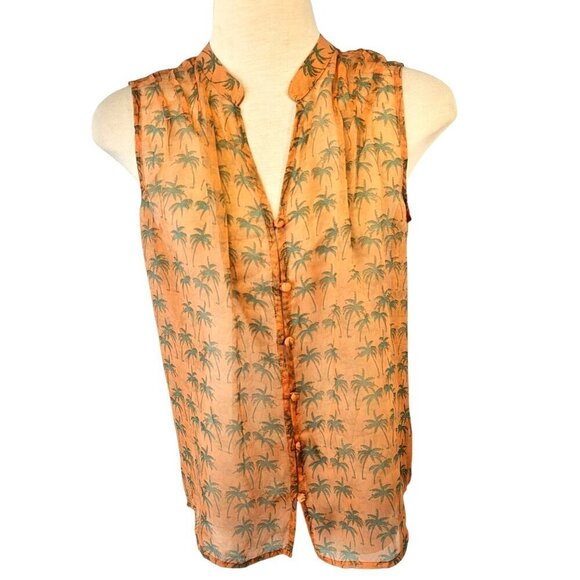 Bar III Sheer Peach Sleeveless Top Women M Btn Loop Close Green Palm Trees NEW - Picture 1 of 9